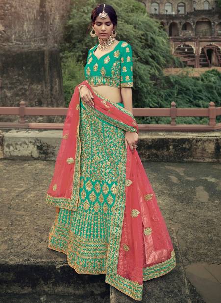 Green Colour Exclusive Bridal Wedding Wear Satin Heavy Embroidery With Stone Work Latest Lehenga Choli Collection 4509